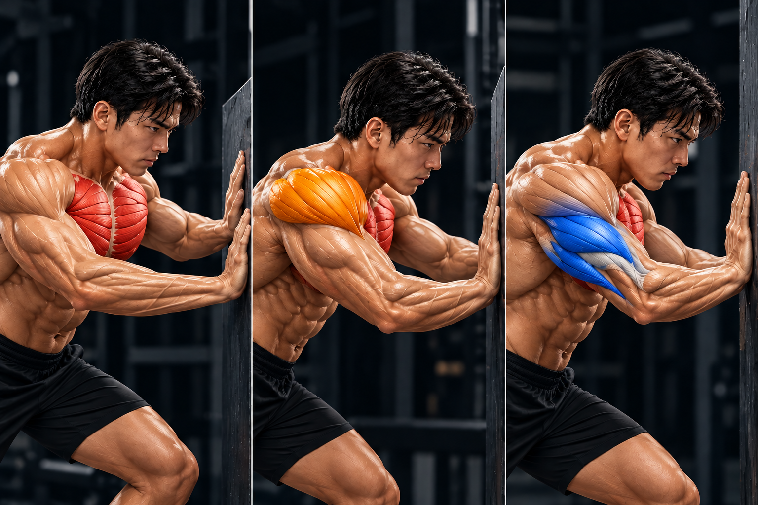 물건을 미는 동작에서 가슴근육, 어깨근육, 팔근육이 함께 움직이는 모습